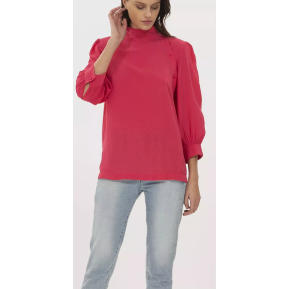 IRO Paris Sense Button Detail Crepe Blouse Pink Mock Neck Women's 8 Statement - Picture 1 of 16
